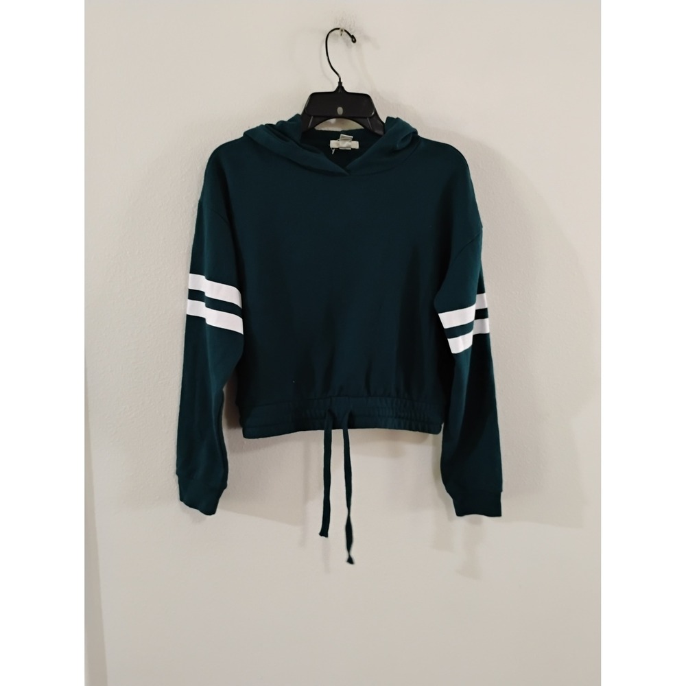 Forever 21 Hunter Green Cropped Hoodie Varsity Stripe Sleeve Small